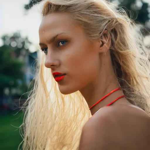 Image similar to photograph of an olive skinned blonde female model in her twenties, her hair pinned up, wearing a designer top, looking content, focused on her neck, photo realistic, luscious red lips, extreme detail skin, natural beauty, no filter, slr, golden hour, 8 k, high definition, selfie