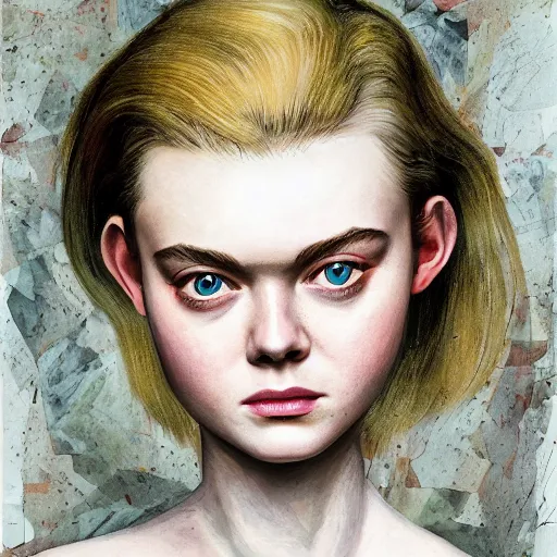 Image similar to professional painting of Elle Fanning in the style of Dave McKean, head and shoulders portrait, symmetrical facial features, smooth, sharp focus, illustration, intricate, stormy weather, extremely detailed masterpiece,