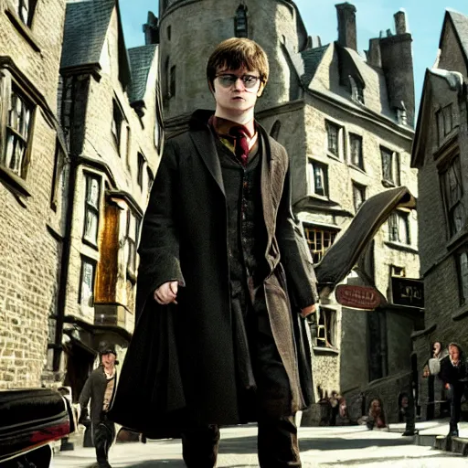 Image similar to Daniel radcliffe as harry potter, epic wide shot, cinematic shading, widescreen, sharp image, warm colors, Blu-Ray, directed by Asher Duran