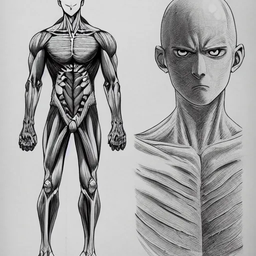 Prompt: anatomical drawing of saitama, medical illustration, in the style of one punch man anime, highly detailed