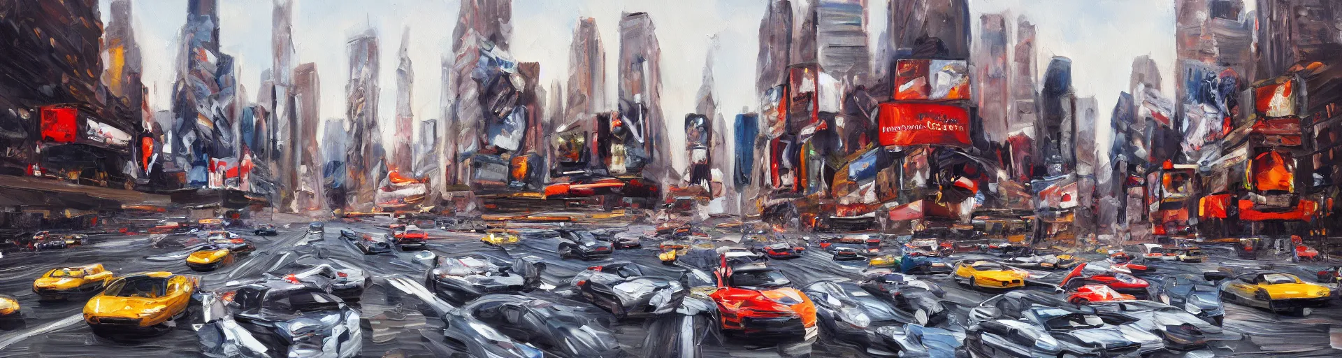 Prompt: a detailed oil painting of cars racing in new york city