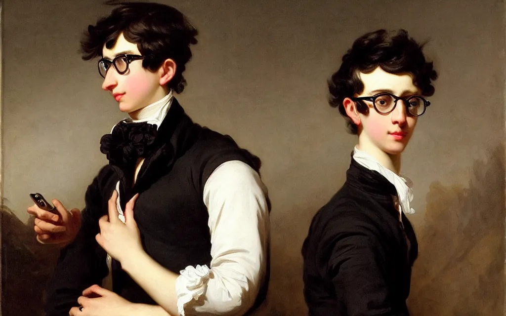 Prompt: a beautiful full body portrait of a skinny teen boy with black hair and glasses, black shirt and a smartwatch, art by franz xaver winterhalter, highly detailed, elegant, jewlery, romanticism, rococo, neoclassicism, 1 8 5 0 s style painting, oil on canvas, vivid