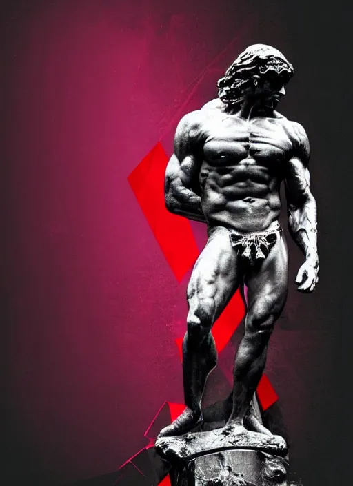 Image similar to dark design poster showing a muscular greco roman statue, black background with very subtle red and purple design elements, powerful, nekro, vito acconci, thin straight lines, dark, glitch art, neo vaporwave, gritty, layout frame, square, trending on artstation