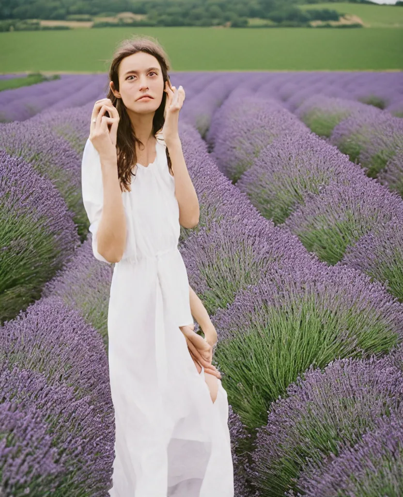 Prompt: A portrait of a French woman, mid-20s, wearing a white flowing dress, in a lavender field in France, 85mm, medium shot, 1.2, Kodak Portra, trending on Instagram