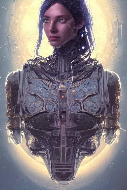 Image similar to portrait of a space cyborg, 3d, third person, lasers, cosmic background, fantasy, intricate, elegant, highly detailed, lifelike, photorealistic, digital painting, artstation, illustration, concept art, sharp focus, art in the style of art nouveau