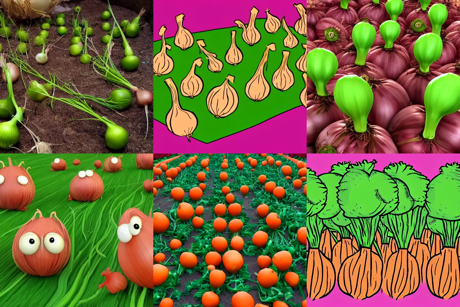 Prompt: animated onions, uprooting themselves and rebelling against their carrot overlords.