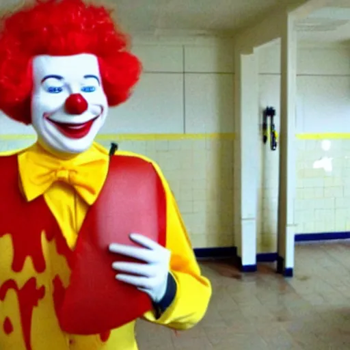 Image similar to ronald mcdonald in an abandoned hospital