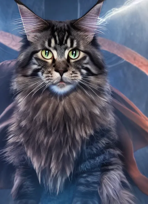 Prompt: film still of a Maine Coon as Doctor Strange in Avengers Endgame, 4k