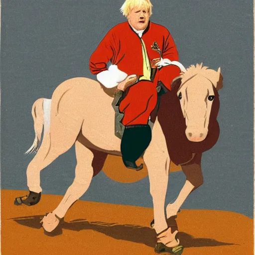 Image similar to a portrait of boris johnson in boxer shorts riding a horse, communist propaganda