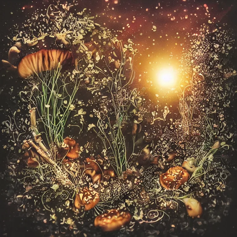 Image similar to double exposure of dally life, symbols of live, explosion, different sprouts and microgreens on mushrooms, cyber mushroom city, mushroom matrix, love is the most relevant theme, 8 k resolution, artistic mode, artistic, trending on instagram, long exposure, love art, serious, fantasy and dreams vibes, mushrooms style and macro style, spring vibes in twilight or sunset lights