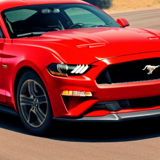 Prompt: red ford mustang driving on the highway