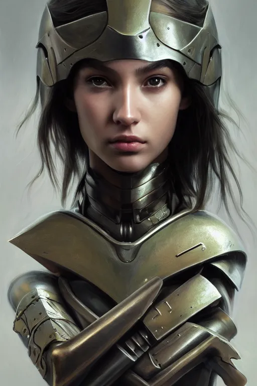 Image similar to a photorealistic painting of an attractive young girl, partially clothed in metal-plated battle armor, olive skin, long dark hair, beautiful bone structure, symmetrical face, perfect eyes, intricate, elegant, digital painting, concept art, illustration, sharp focus, minimal artifacts, from Metal Gear, in the style of Ruan Jia and Mandy Jurgens and Greg Rutkowski, trending on Artstation, award winning