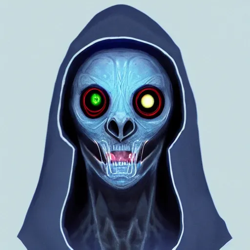 Image similar to award - winning. trending on artstation. 4 k. a faceless astral figure wearing a hooded cape made of the night sky with 1 dark blue glowing eye on its face and rows of teeth on its chest. full - body.