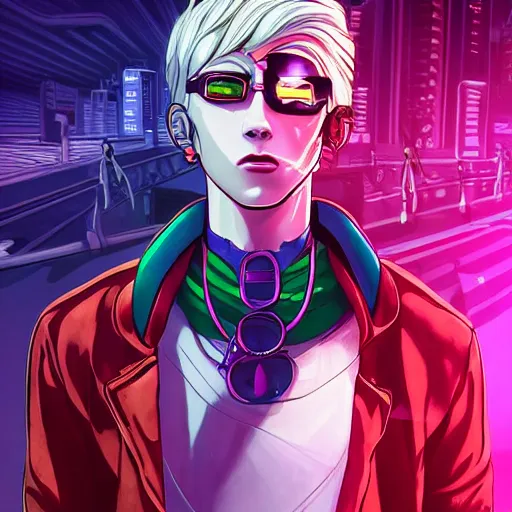 Prompt: handsome portrait of a cyberpunk teen posing, radiant light, caustics, war hero, style of vento aureo cover art, style of stone ocean cover art, style of steel ball run cover art, ilya kuvishinov style, illustrated by hirohhiko araki