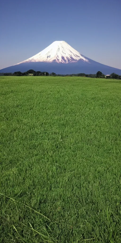 Prompt: a big clean grass, a mount fuji in the distance, a round moon in the sky