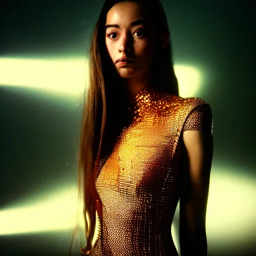 Prompt: Fashion photo of a beautiful woman wearing a futuristic dress in 2100, soft light, cinestill 800t