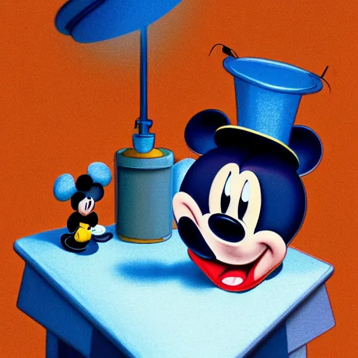 Image similar to mickey mouse with a blue hat on top of a table, a storybook illustration by walt disney, behance, magic realism, fantasy, mystical, reimagined by industrial light and magic