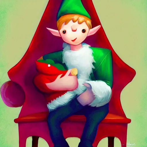Prompt: little elf boy sitting on santa's lap, art made by lois van baarle