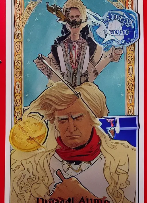 Prompt: a donald trump tarot card featuring hamburger imagery, king of swords, designed by alfons mucha and greg rutkowski and artgerm, 4k, intricate detailing, fast food motifs