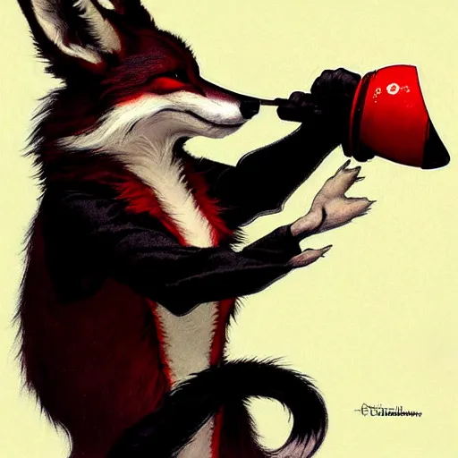 Prompt: anthropomorphic red white and black fox with exquisite tall ears and wearing a nose ring and a black hoodie. Renowned character illustration by greg rutkowski, thomas kindkade, alphonse mucha, loish, norman rockwell.