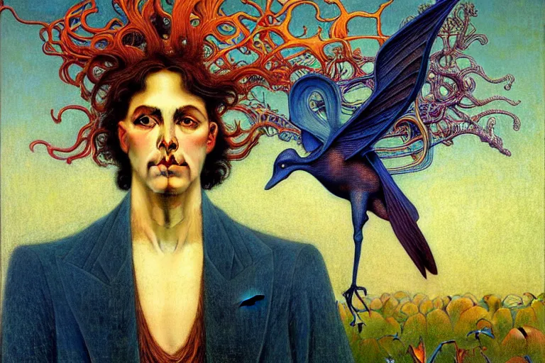 Image similar to realistic detailed portrait painting of a man with head of a bird, nightly graveyard landscape background by Jean Delville, Amano, Yves Tanguy, Max Ernst, Alphonse Mucha, Ernst Haeckel, Edward Robert Hughes, Roger Dean, masterpiece, cinematic composition, dramatic pose, 4k details, rich moody colours, blue eyes