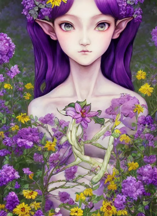 Prompt: elf girl, flower suit, soft hair. light color palate, purple, yellow and white. detailed soft painting, ayami kojima, made in abyss, anatomically correct, ilya kuvshinov, inspired in balthus, high detailed face anime, vogue magazine, glorious composition, mobile wallpaper