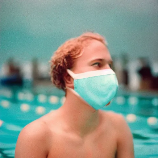 Image similar to swimmer wearing a face mask cinestill, 800t, 35mm, full-HD