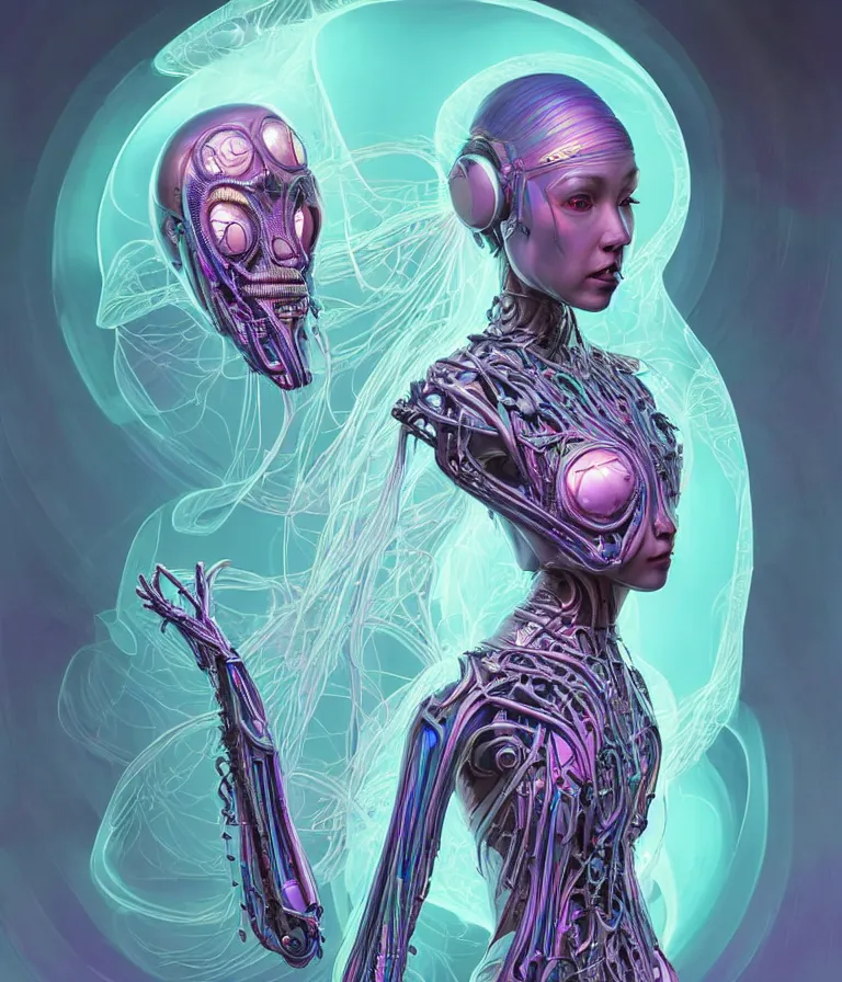 Image similar to fully symmetrical centered iridescent portrait of a beautiful princess in robe. artificial muscles, ribcage, bones, hard surface modelling. cyberpunk look. biomechanical mask. bio luminescent biomechanical halo around head. neon jellyfish. artwork by jarold Sng by artgerm, by Eddie Mendoza, by Peter mohrbacher by tooth wu, unreal engine, octane render, cinematic light, high details, iridescent colors, dichroic, macro, depth of field, blur