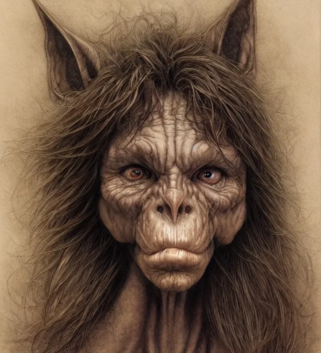 Image similar to hyper realistic portrait of goblin, cinematic, symmetric, dark crystal, alan lee, jean baptiste monge, brian froud scott radke