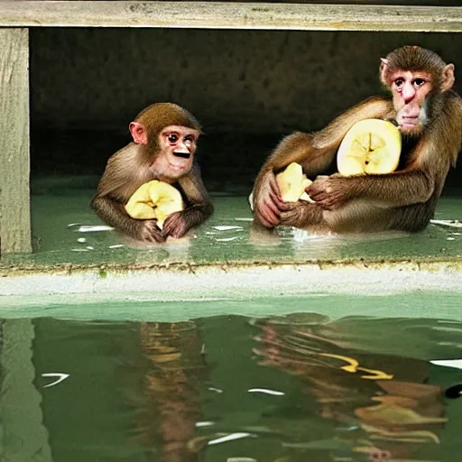 Image similar to monkeys bathing in a tub and eating bananas, national geographic