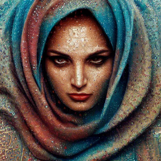 Image similar to detailed face of an arabic woman, terrazzo courtyard, moment, tectonic sky, skydome, reactor, utopian, tech noir, wet reflections, prism, atmospheric, ambient, pj crook, syd mead, livia prima, artgerm, greg rutkowski, nick alm, casey baugh