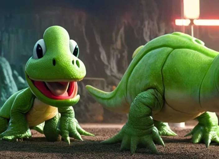 Image similar to film still of yoshi in the new sci - fi movie, cute upright dinosaur with a small turtle shell and long tongue, 8 k