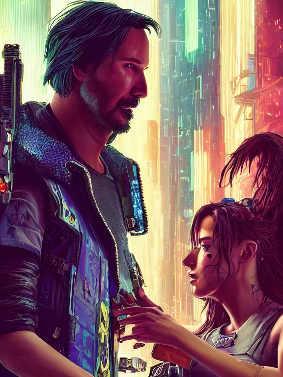 Image similar to a cyberpunk 2077 couple portrait of Keanu Reeves and V, ,love story,film lighting,by laurie greasley,Lawrence Alma-Tadema,William Morris,Dan Mumford,trending on atrstation,FAN ART,full of color,Digital painting,face enhance,highly detailed,8K, octane,golden ratio,cinematic lighting