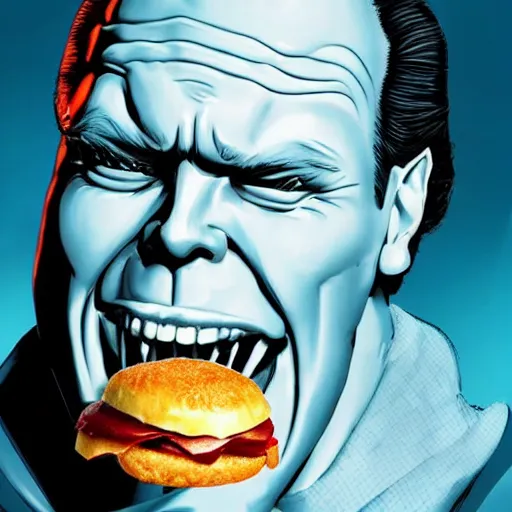 Prompt: “Arnold as mr freeze eating a frozen hamburger raw, Joel schumachers Batman and Robin, kitsch, grotesque, hyperreal, 8k trending on artstation concept art portrait”