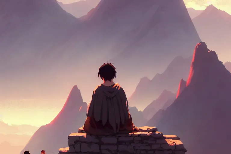 Image similar to ultra realistic, monk smoking, mountain, colors, 8 k, hd, details, fantasy, epic, ancient city, landscape illustration concept art anime key visual trending pixiv fanbox by wlop and greg rutkowski and makoto shinkai and studio ghibli and kyoto animation symmetrical facial features