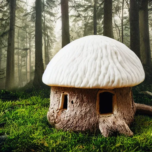 Prompt: A cute mushroom house with white roof, smoky chimney, windows, growing on the enchanted forest floor. medium shot, might cinematic lighting, sharp, high detail, nature photography