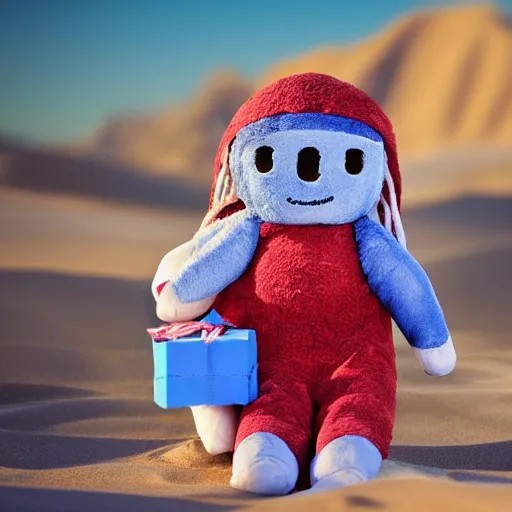 Image similar to blue'snappy gifts'human - sized plush doll, in the desert, holding gift, happy atmosphere, high detail, 8 k