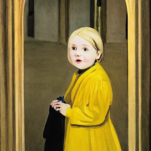 Prompt: a painting of a little girl with black hair and wearing a yellow coat in the middle of a cloister in an abbey by hopper