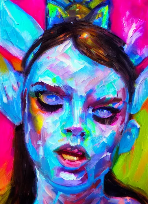 Prompt: girl with cat ears at a rave, realistic bikini, expressive oil painting, abstract art, trending on artstation, geometric art, portrait