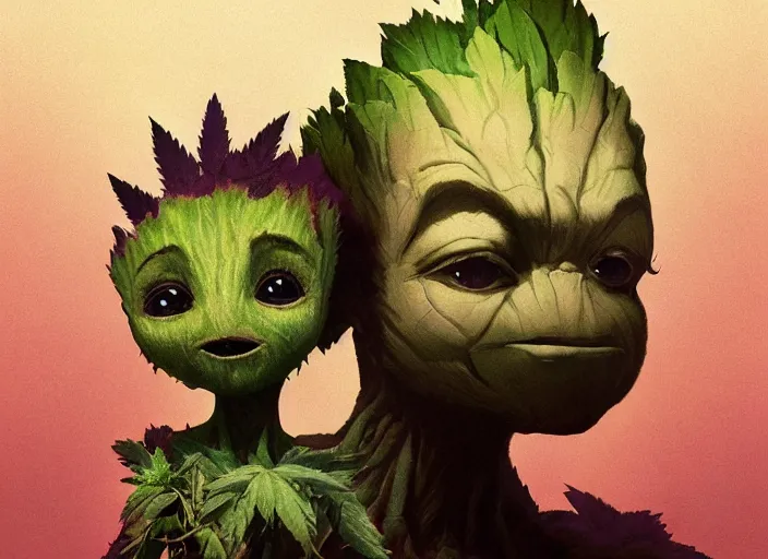 Image similar to duotone concept illustration 3 / 4 portrait of baby face consisting of marijuana, baby groot, cannabis!, cinematic volumentric lighting, jim cheung, david marquez, mike deodato jr, ilya kuvshinov, makoto shinka, behance hd by jesper ejsing, by rhads, hyper detailed, octane render, concept art, artstation