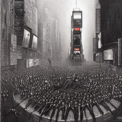 Prompt: the assassination of julius caesar in times square, highly detailed beksinski charcoal painting