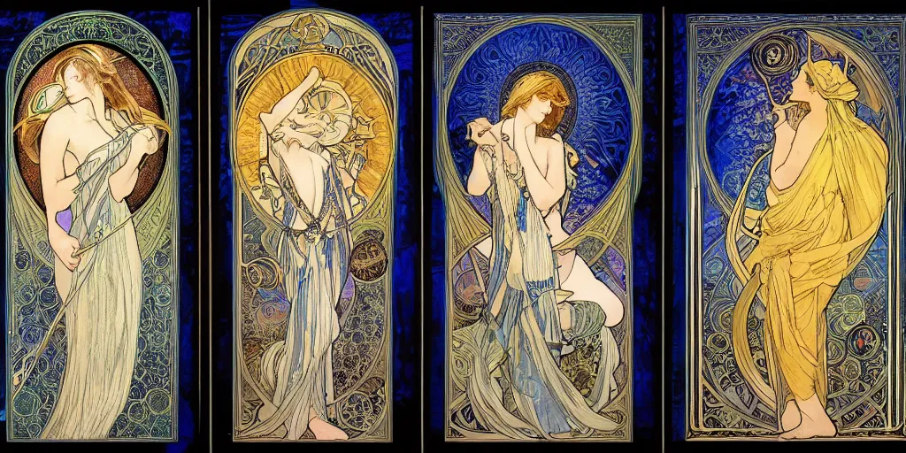 Prompt: the longest night, dark night with moon and candle and tattoos, by alphonse mucha and alex grey, ultramarine blue and gold, intricate stained glass triptych