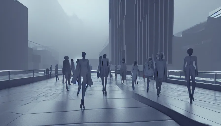 Image similar to Fashion Catwalk!! on a brutalist platform in an Angelic Floating City in the Clouds, Hyperrealistic, Intricate Details, Raytracing, Volumetric Lighting, Lightshafts, Smooth Gradients, Unreal Engine 5, Photorealism, Concept Art