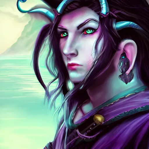 Image similar to a portrait of tiefling bard, light purple skin, bright blue eyes, black hair, black horns pointed upward, ocean in the background, stunning digital art 4 k