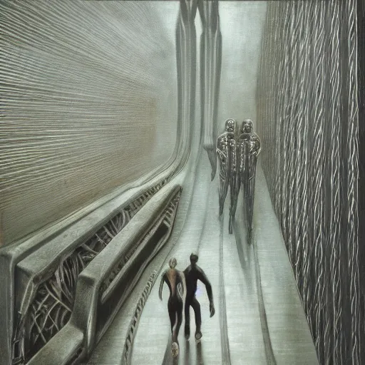 Prompt: a couple of humans walking across a metallic bridge, by h. r. giger