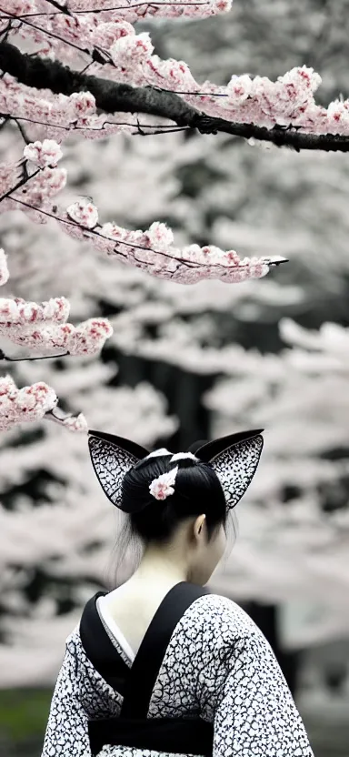 Prompt: “ a close - up shot of a young woman with fox ears wearing kimono at a sakura tree, by shunji dodo, 8 k resolution, black and white photo, high quality ”