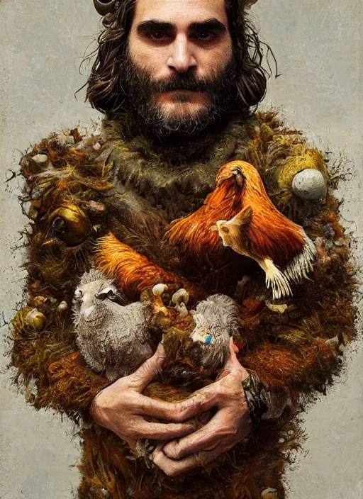 Image similar to a hyper detailed painting of joaquin phoenix surrounded by animals, cow horns, pig nose, sheep wool, chicken feather armor, horror, by anna podedworna, by miklos ligeti, by diego maricato, by taran fiddler, by antonino truisi, by chris reddie, by jinsung lim, trending on artstation