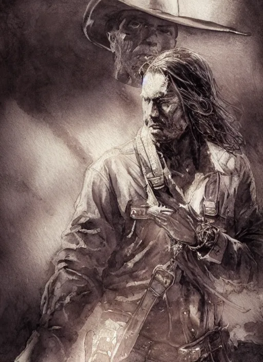 Image similar to portrait, a last stand of a cowboy, watercolor, dramatic lighting, cinematic, establishing shot, extremely high detail, foto realistic, cinematic lighting, pen and ink, intricate line drawings, by Yoshitaka Amano, Ruan Jia, Kentaro Miura, Artgerm, post processed, concept art, artstation, matte painting, style by eddie mendoza, raphael lacoste, alex ross