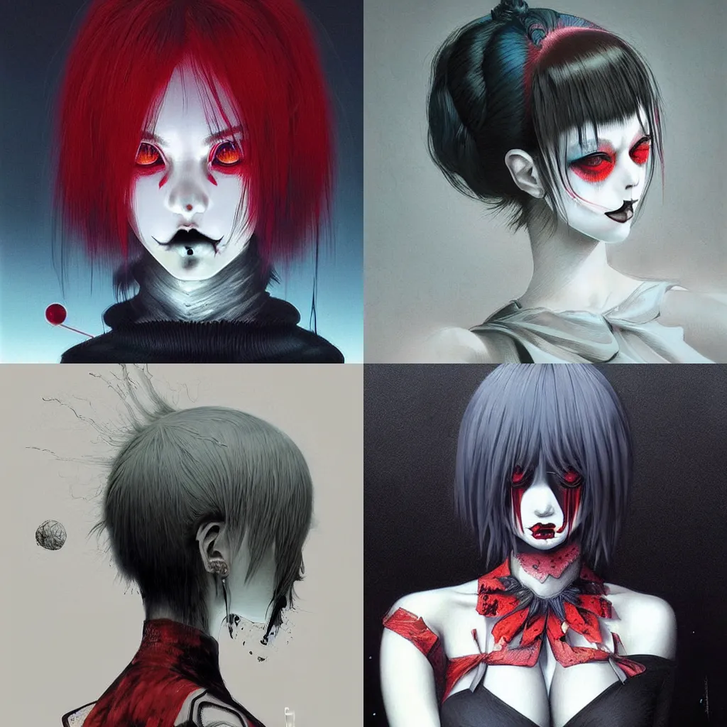 Prompt: beautiful! coherent!!! detailed! expert! professional manga seinen concept art portrait art of a goth clowngirl, painted by ilya kuvshinov!!!!! and zdzislaw beksinski # wow