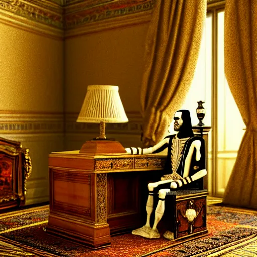 Image similar to An extremely detailed render of a mummy, sitting at his Louis XIV desk, with very old curtains in the room. The desk has a 1880 phone on it. Dusty air, god rays, raytracing shadows, ambient occlusion, 8K, RTX 3090, trending on artstation, lumens